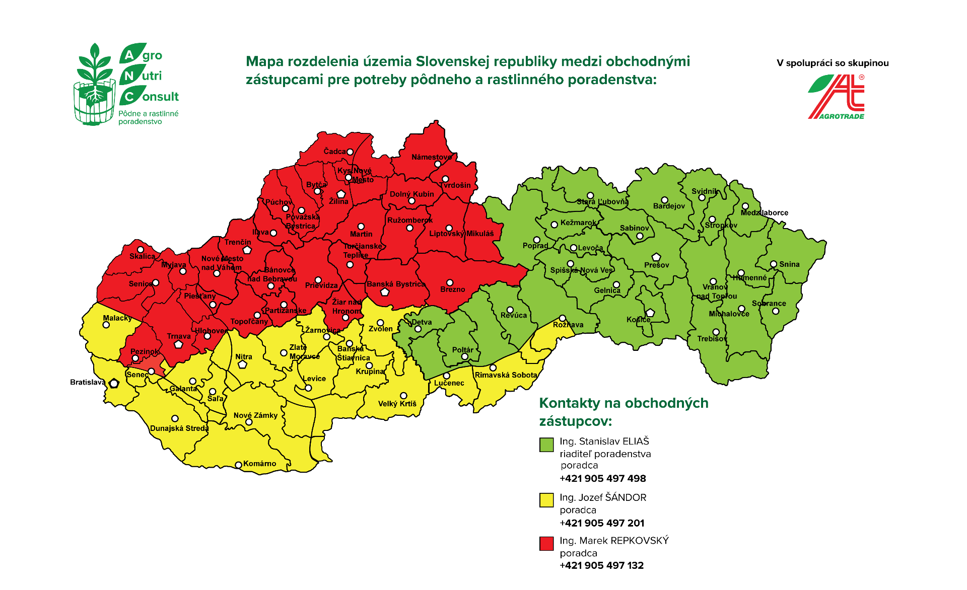 Mapa Slovenska rozdelená medzi troch obchodných zástupcov ANC — zelený, žltý a červený región