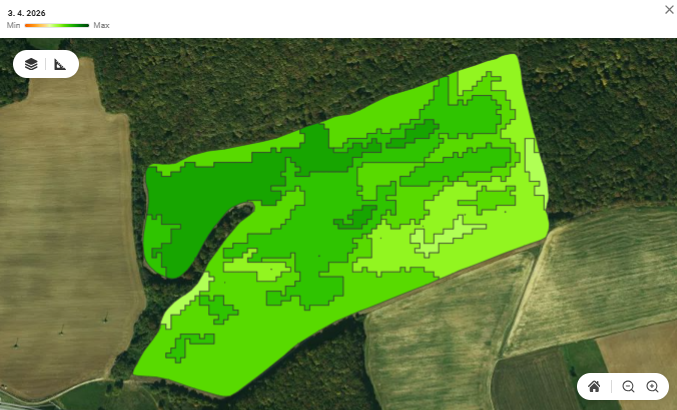 Satelitný snímok parcely s vegetačnými zónami, dátumom a legendou Min/Max
