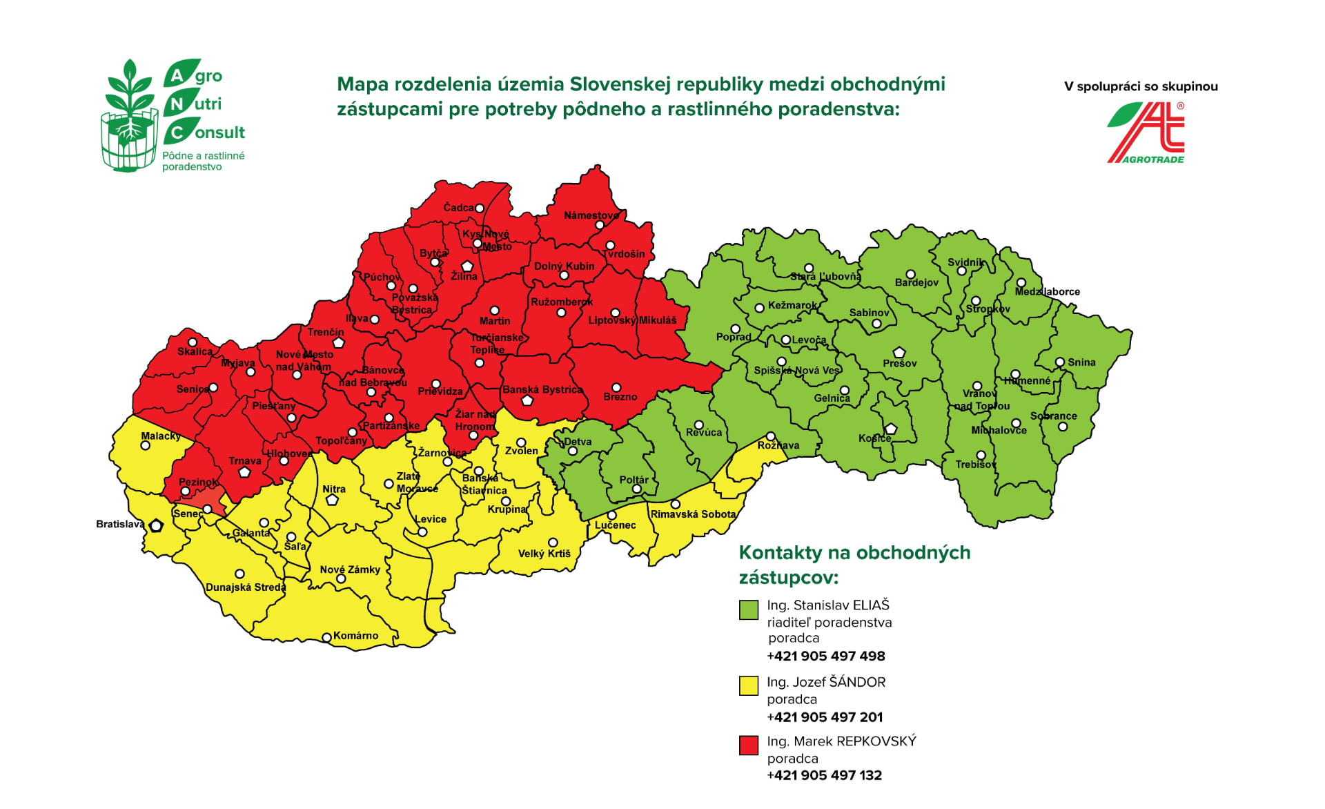 Mapa Slovenska rozdelená medzi troch obchodných zástupcov ANC — zelený, žltý a červený región